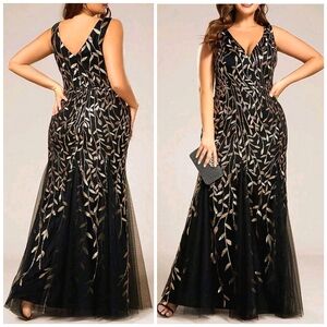 New Glam Floral Leaf Sequin Mesh Maxi Mermaid Gown Dress PLUS Black Gold